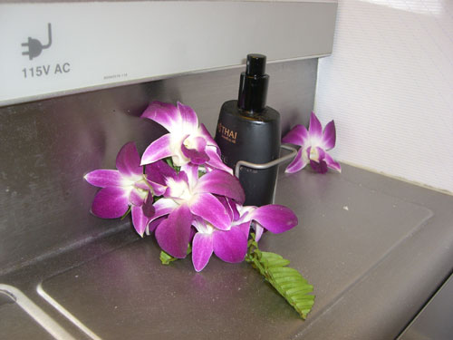 Echte Orchideen sogar als Deko in der Flugzeugtoilette